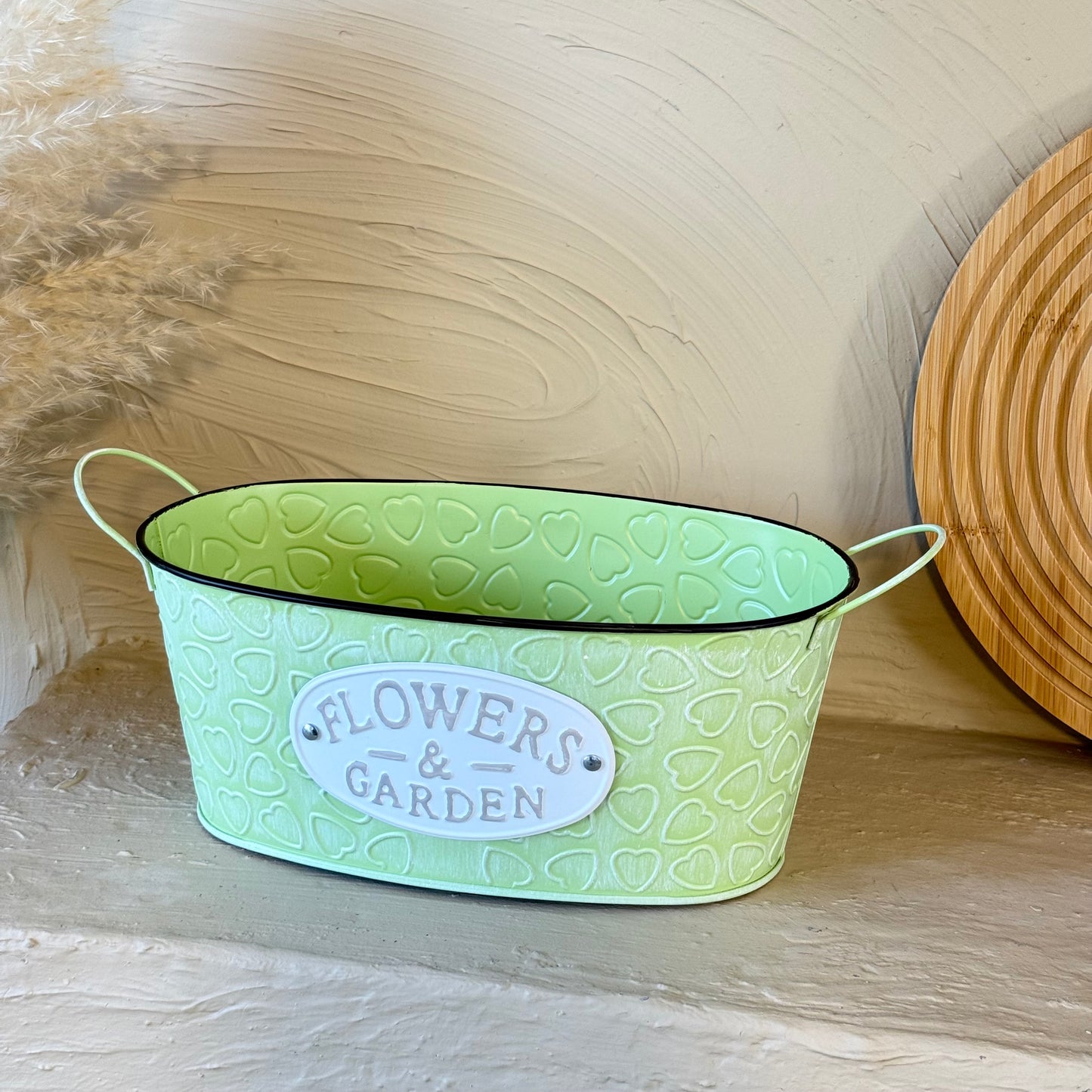 Tutku Vintage Oval Metal Kulplu Saksı Yeşil KOD:3458