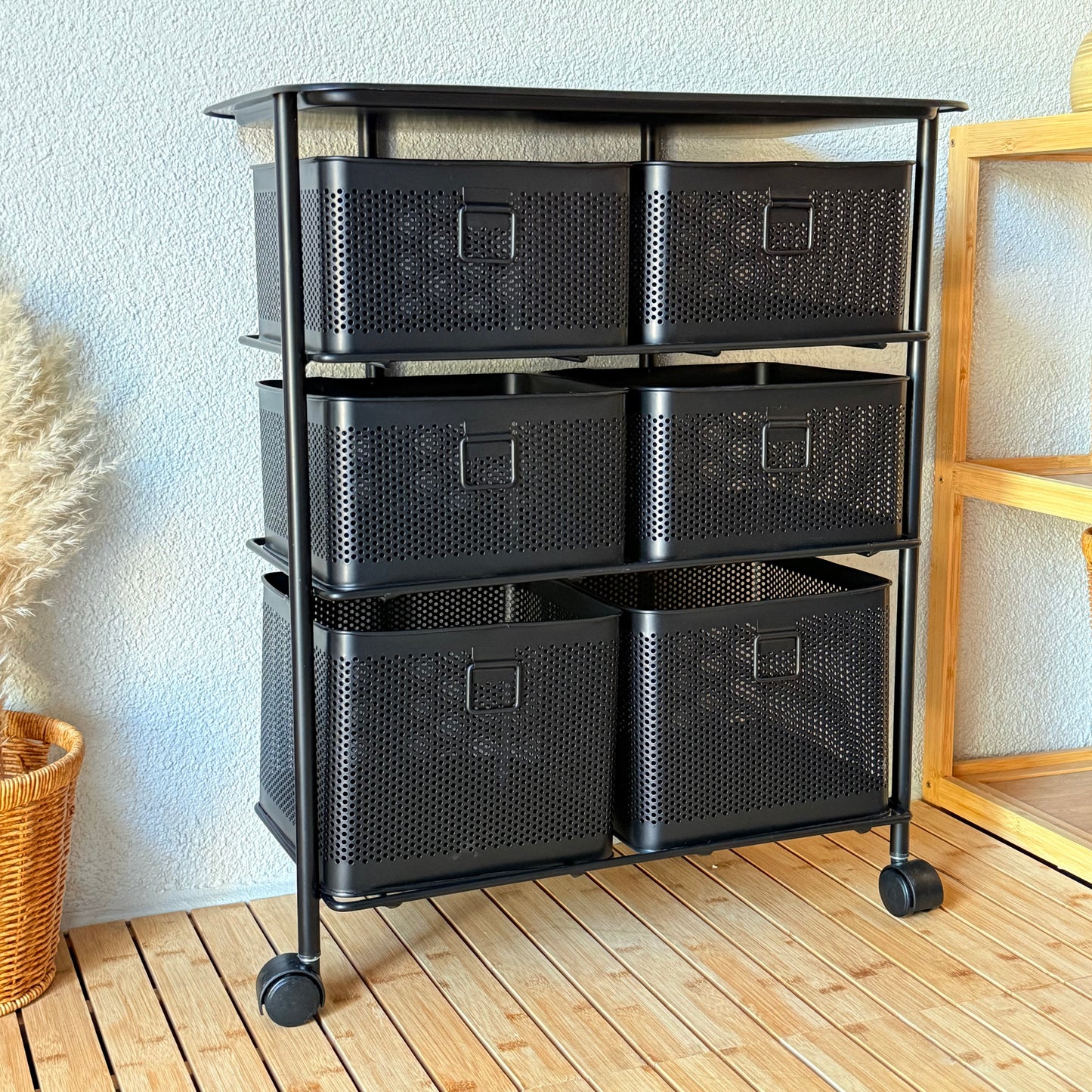 Evanev 3 Katlı Açılır Kapanır 6 Çekmeçeli Tekerlekli Kare Ferforje Sebzelik Siyah KOD:1059T