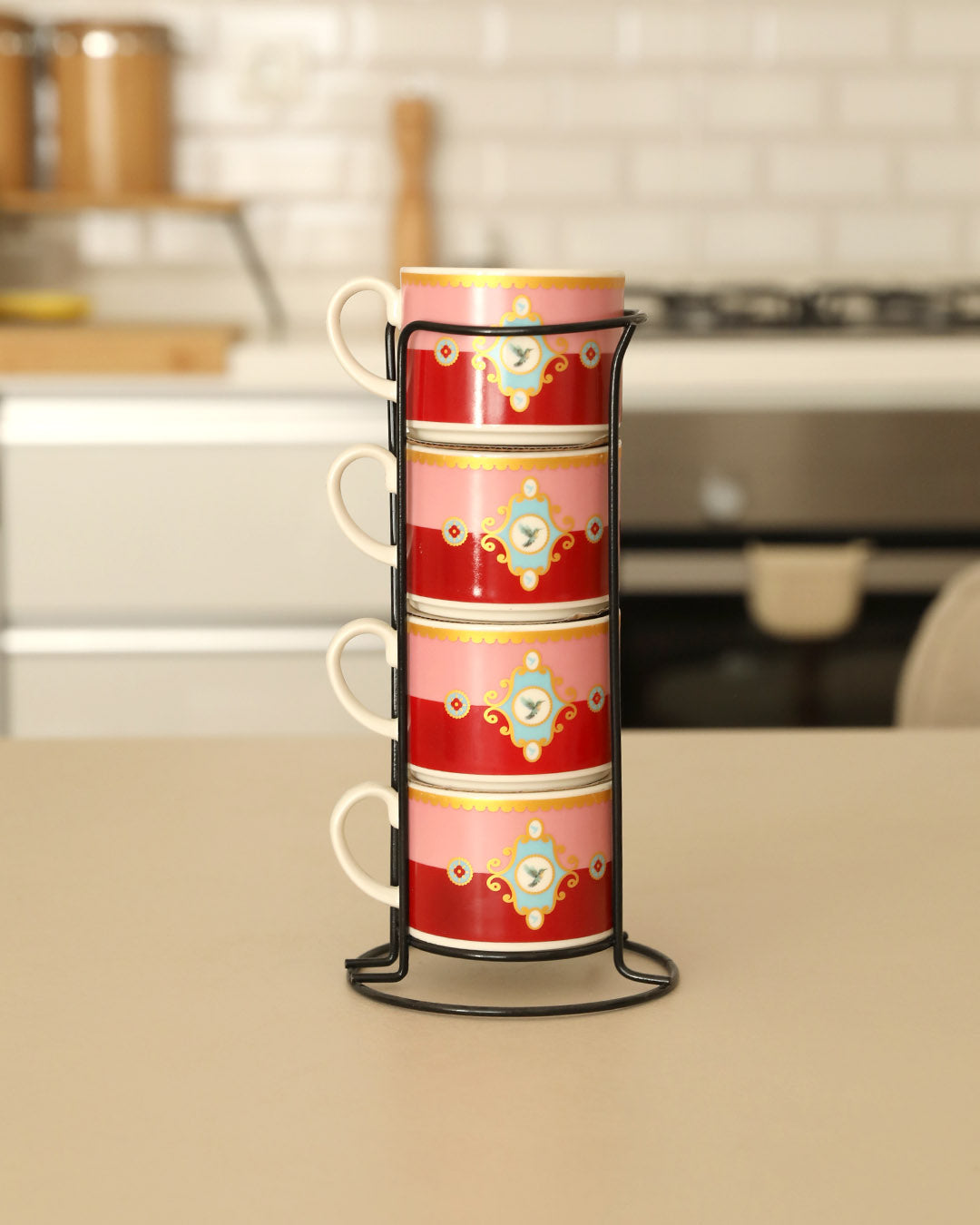 Pashally Metal Standlı Porselen 4 Lü Nescafe Kupa Seti Kırmızı