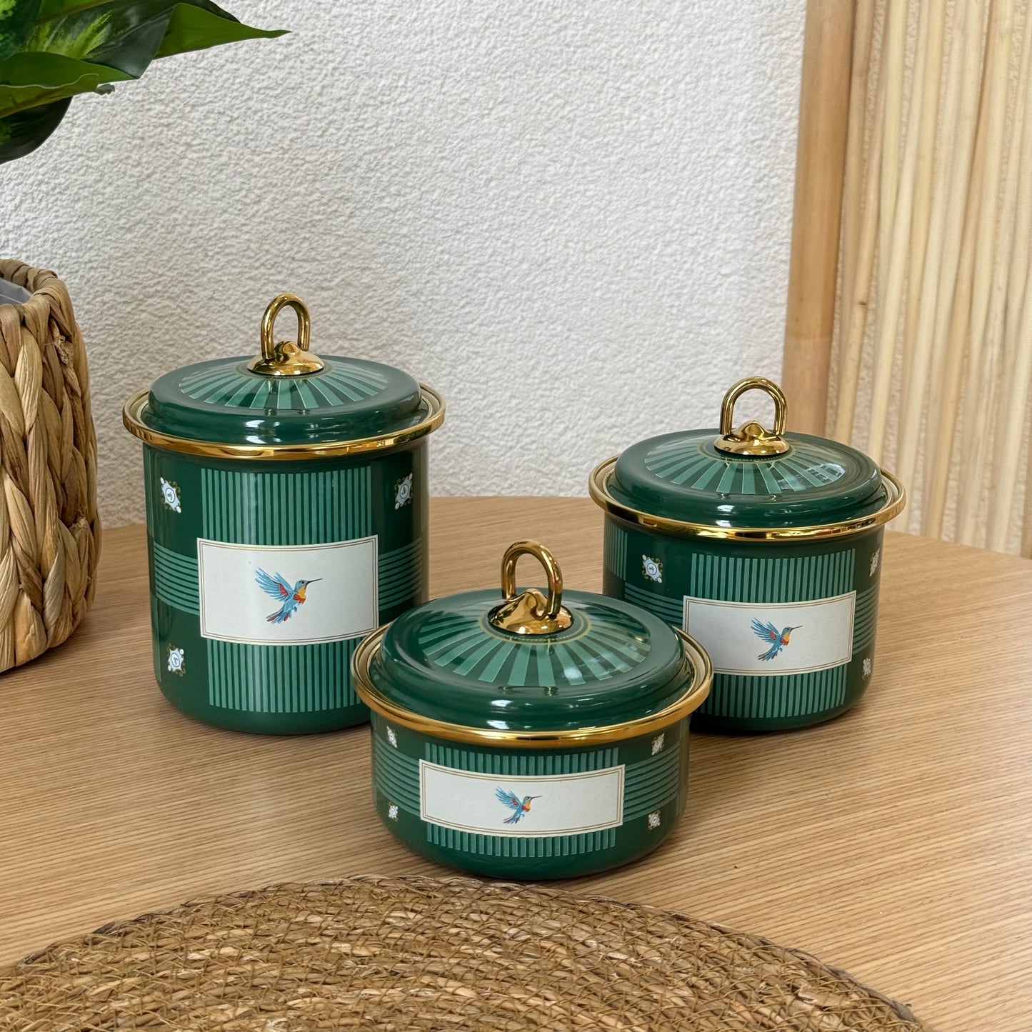 Pashally Emaye Kuş Desenli 3 Boy Kavanoz Seti  Yeşil KOD:0496