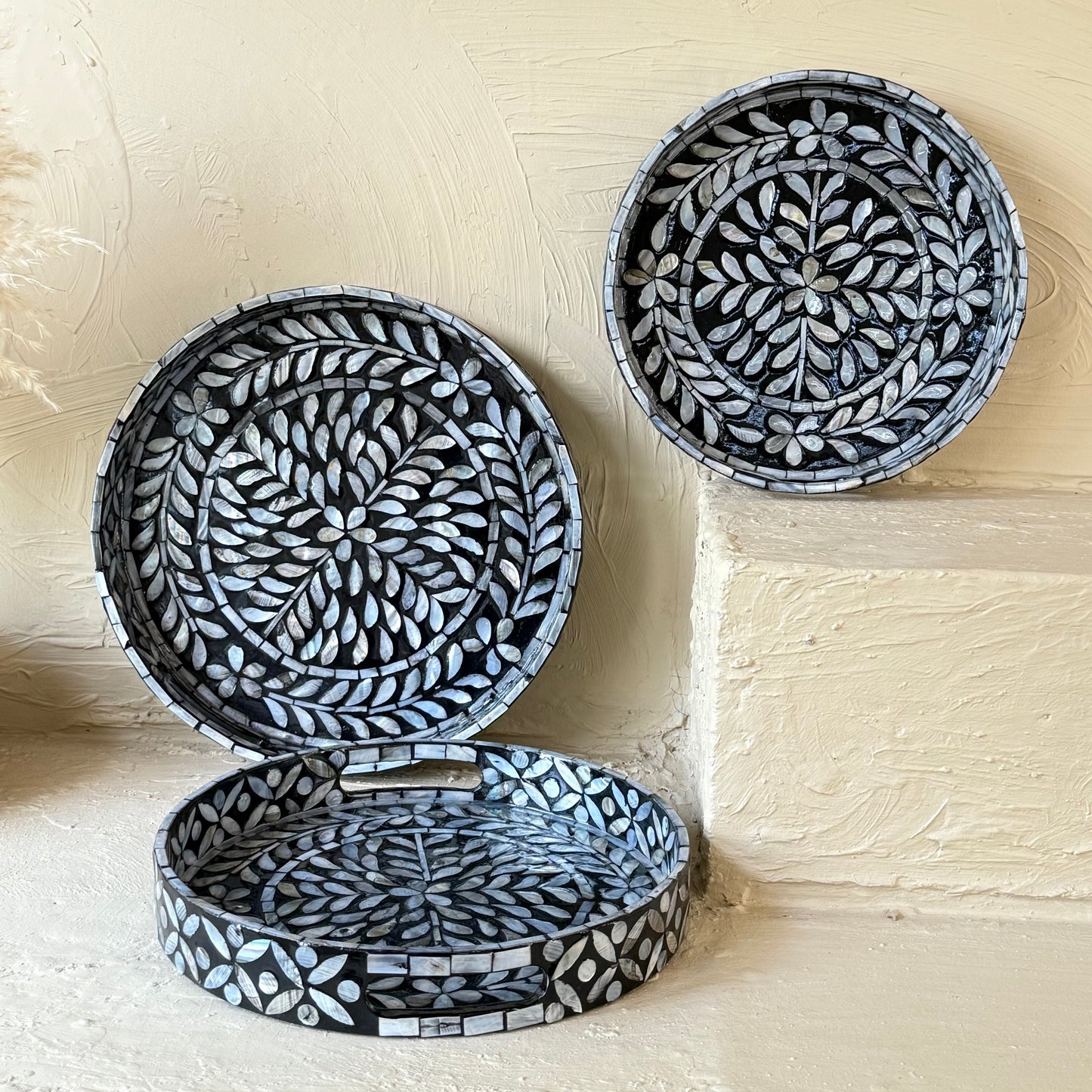 SVR Sedef 3 Lü Yuvarlak Tepsi Seti KOD:61874 Siyah