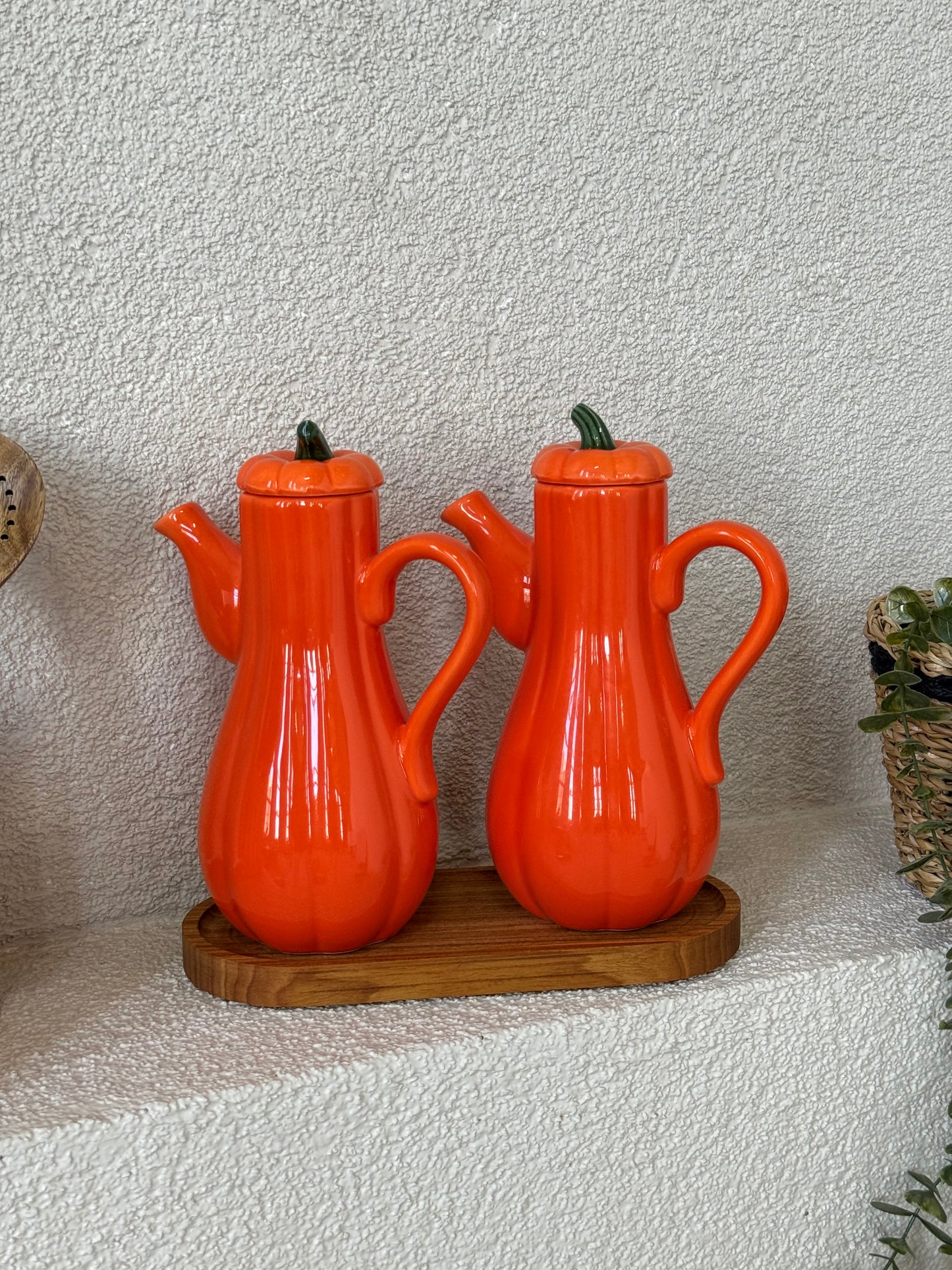 Pumpkin Ahşap Standlı İkili Yağdanlık Seti Turuncu KOD:6492