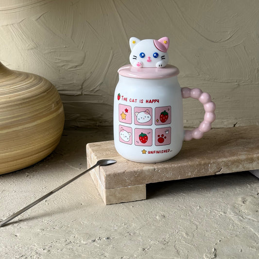 Tutku Cat İs Happy Kapaklı Porselen Kupa 400 ml