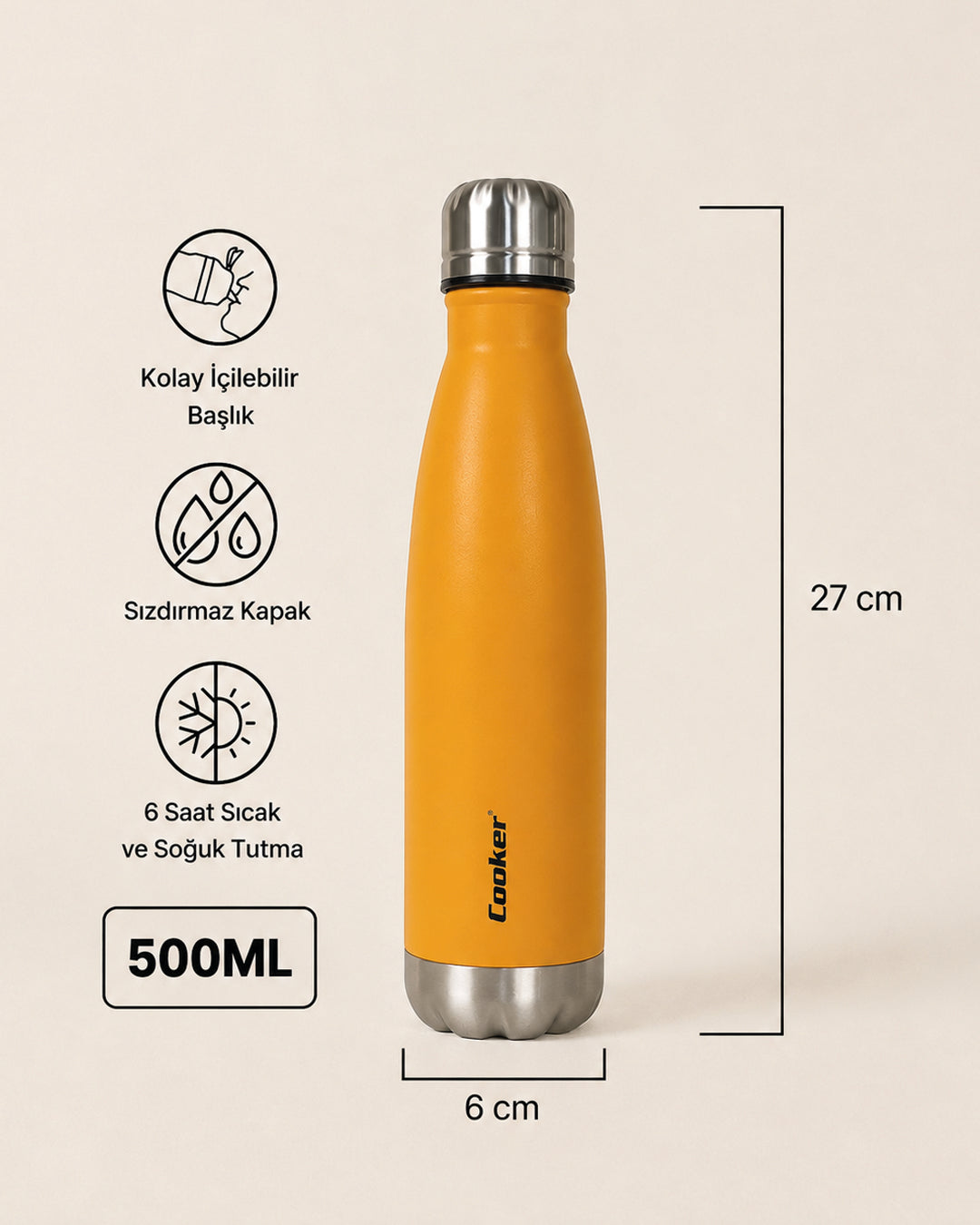 500 ml Paslanmaz Çelik Şişe Termos Sarı Miev