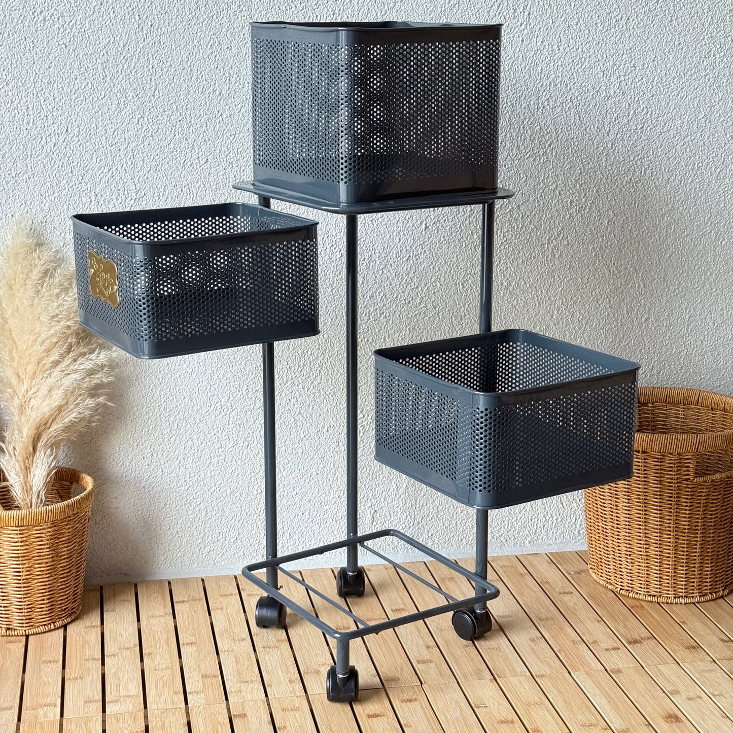 Evanev 3 Katlı Açılır Kapanır Tekerlikli Kare Ferforje Sebzelik Gri KOD:1058K