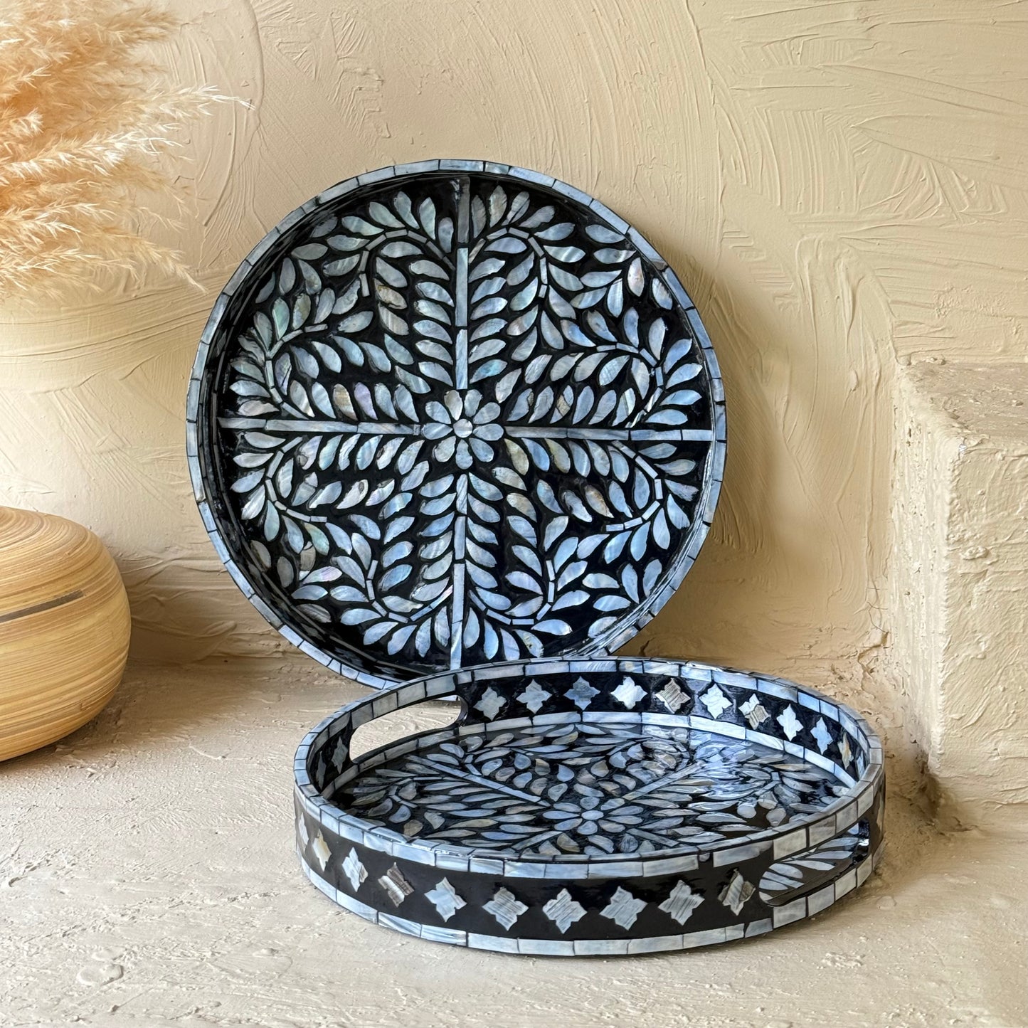 SVR Sedef İkili Yuvarlak Tepsi Seti KOD:61832 Siyah