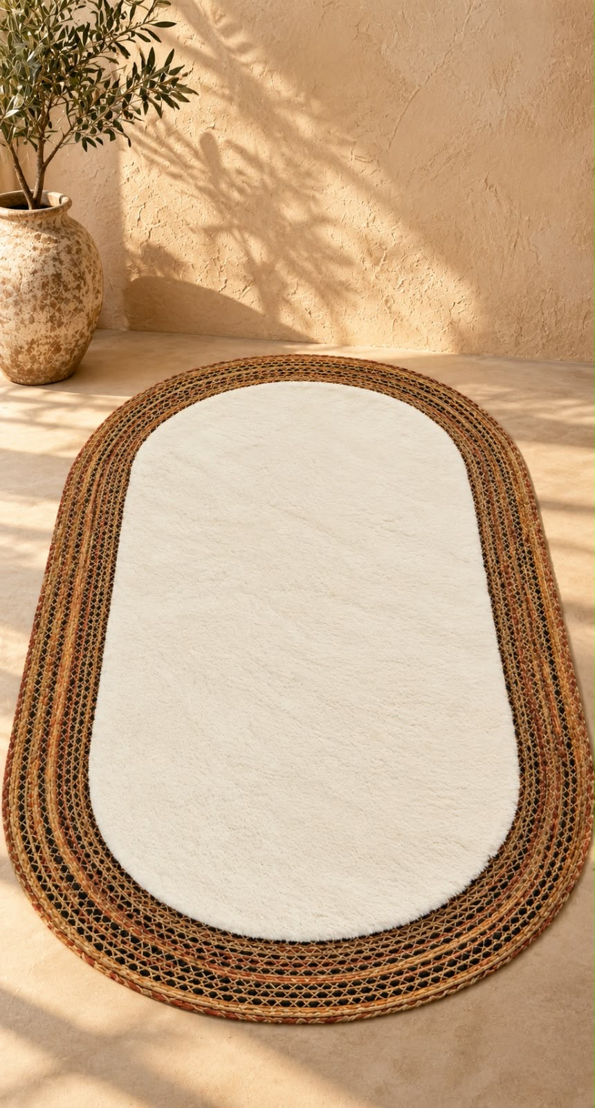 Arven Etnik Jüt ve Peluş Oval Halı - Doğal ve Lüks Dokunuş (80x150cm) 202