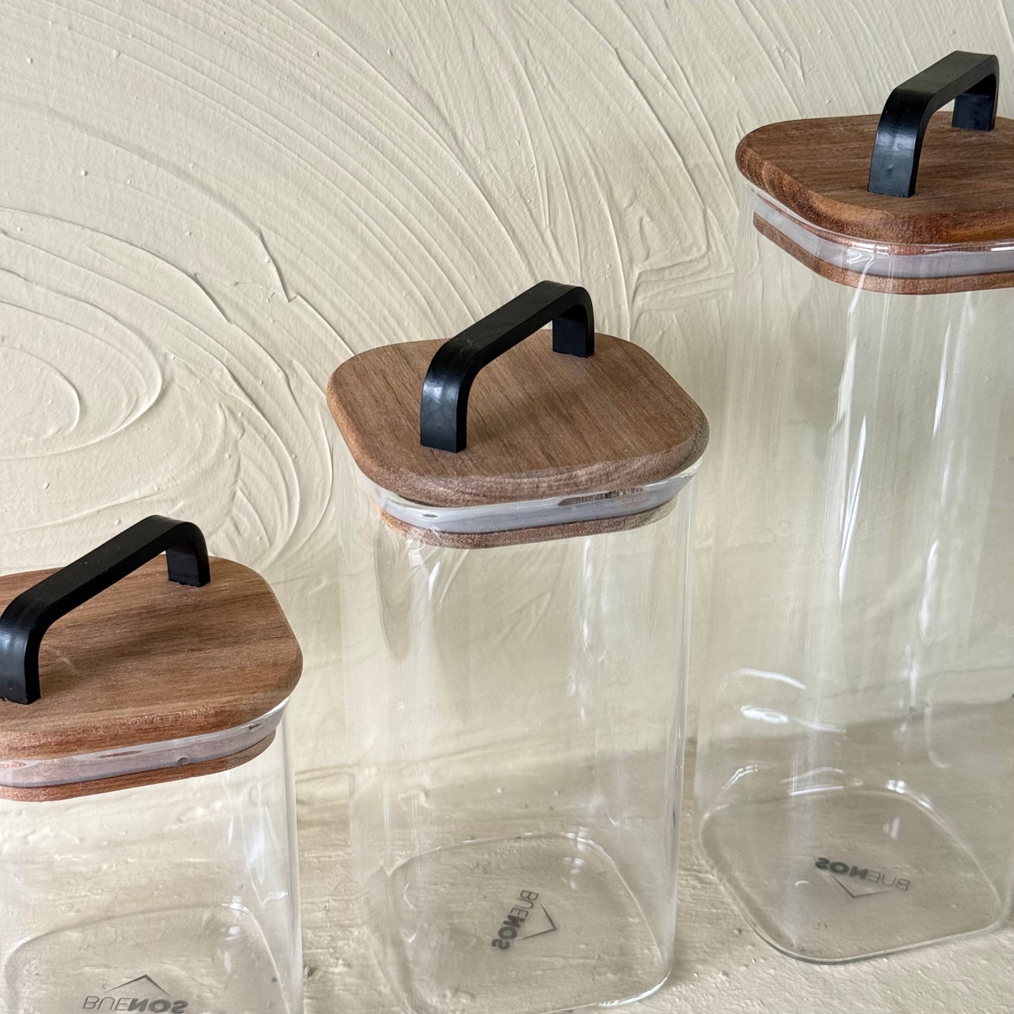 Buenos Kare Model Akasya Ağacı Kapaklı 3 Boy Erzak Kavanoz Seti