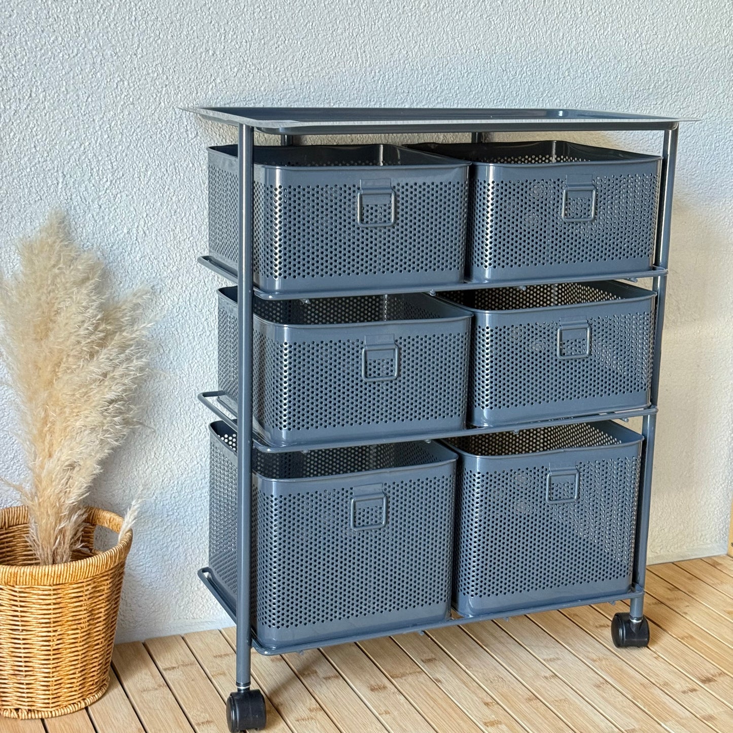 Evanev 3 Katlı Açılır Kapanır 6 Çekmeçeli Tekerlekli Kare Ferforje Sebzelik Gri KOD:1059T