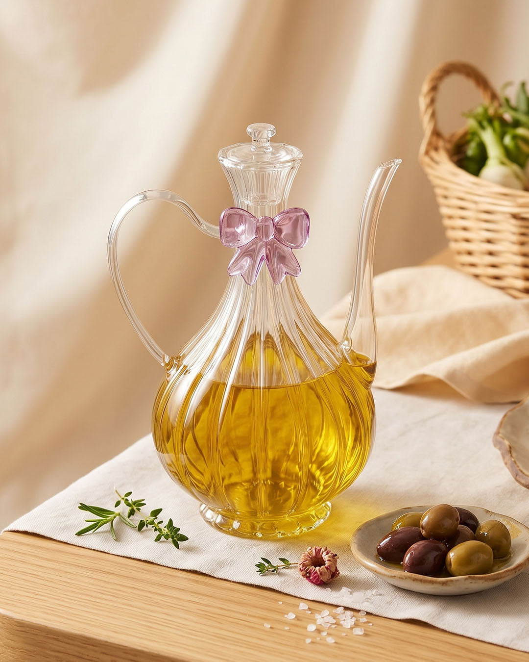Mor Fiyonklu Kabartma Çizgili Cam Yağlık 750 ml