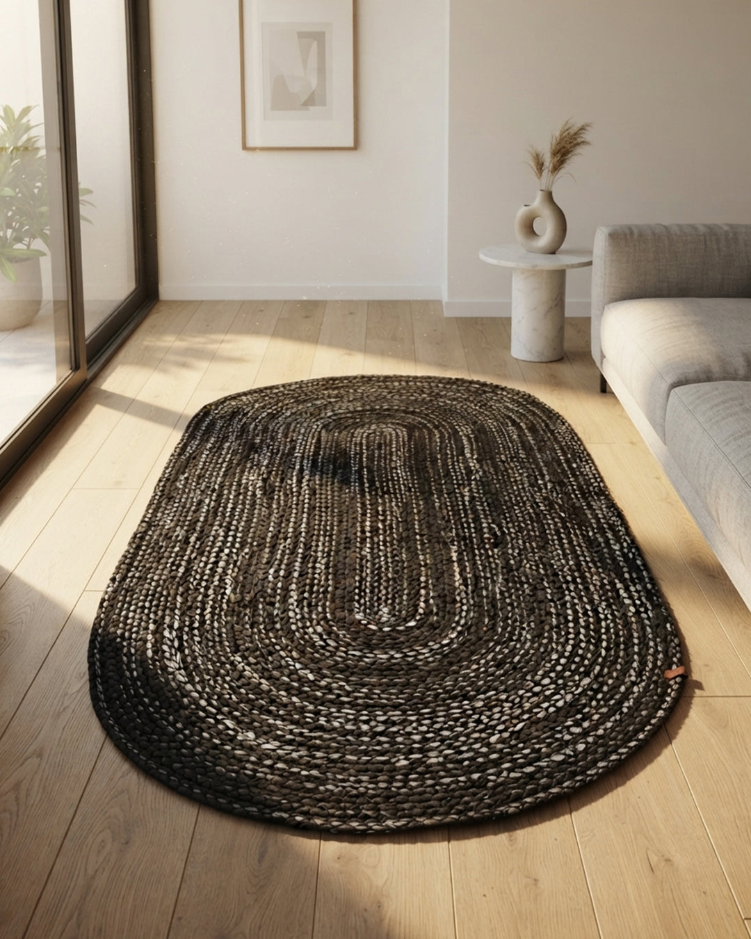 Arven Siyah Örgü Jüt Oval Paspas (80 x 150 cm)