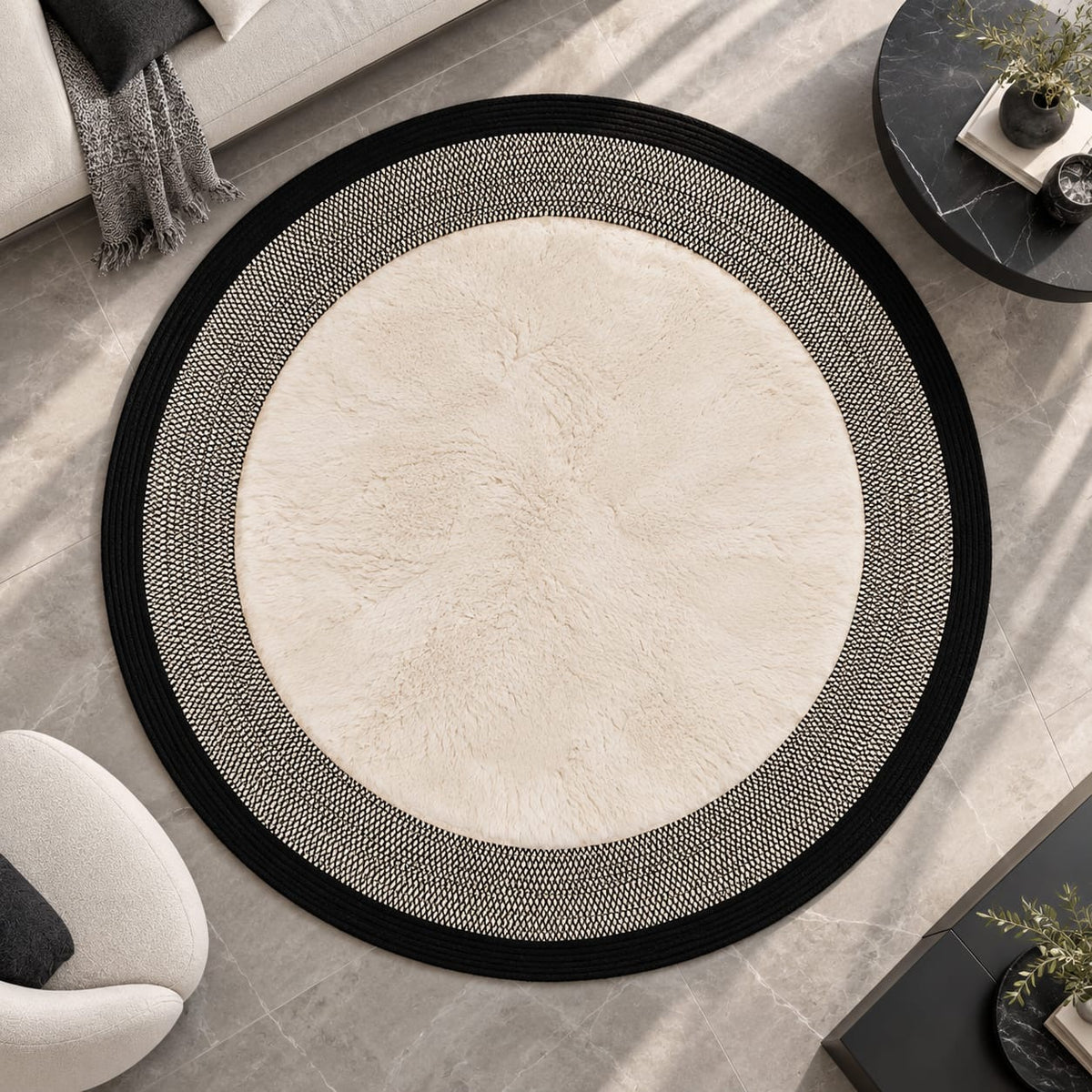 Doğal Lif Örgülü Peluş Dokulu Yuvarlak Dekoratif Halı Nil Siyah 100x100