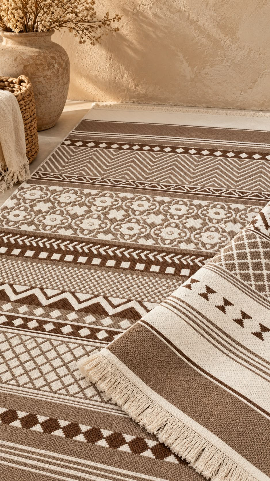 İskandinav Desenli Pamuklu Dokuma Kilim - Vizon Bej  Kilim (120x180 cm)