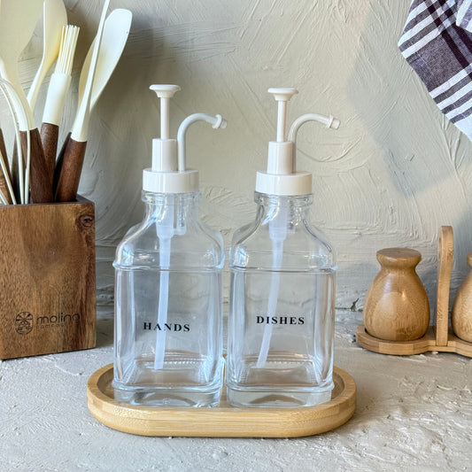 Arow Gael Model Kare Bambu Oval Standlı İkili Cam Sıvı Sabunluk Seti krem KOD:1015