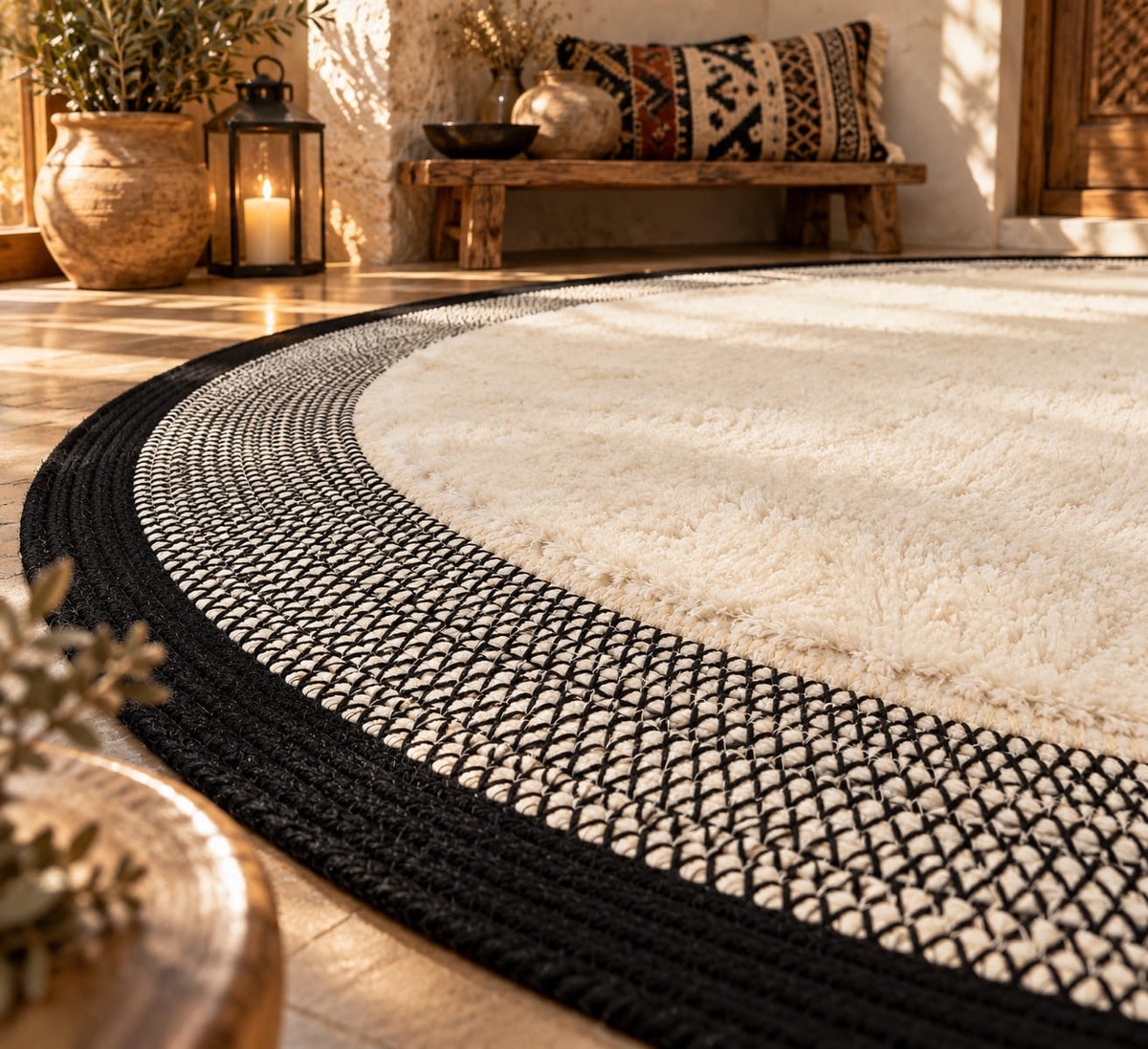 Doğal Lif Örgülü Peluş Dokulu Yuvarlak Dekoratif Halı Nil Siyah 100x100