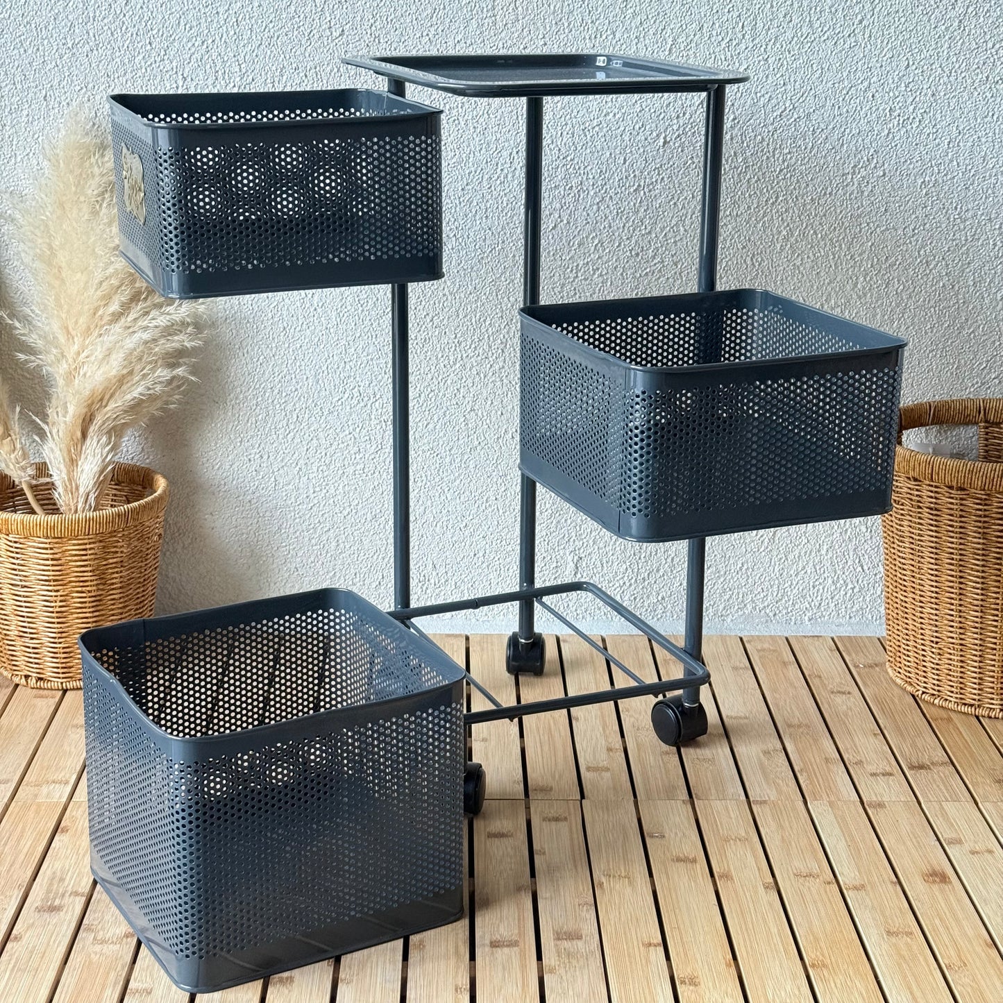 Evanev 3 Katlı Açılır Kapanır Tekerlikli Kare Ferforje Sebzelik Gri KOD:1058K