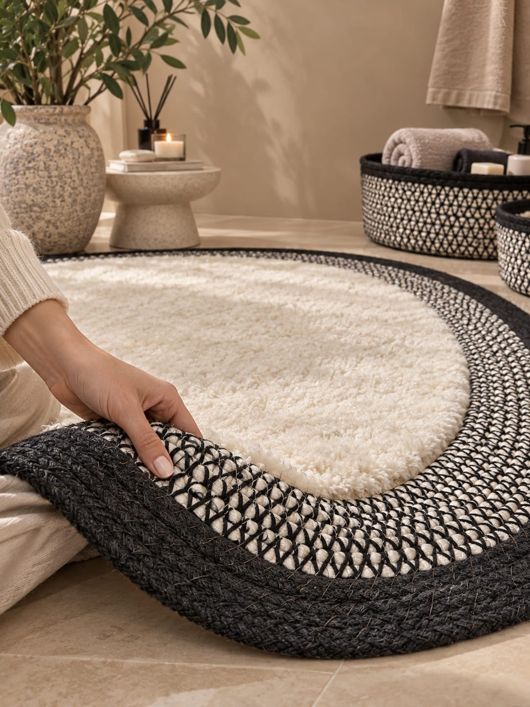 LuxeOval Siyah-Krem Peluş Banyo Paspas ve Hasır Organizer 4’lü Seti | Modern & Skandinav Tasarım