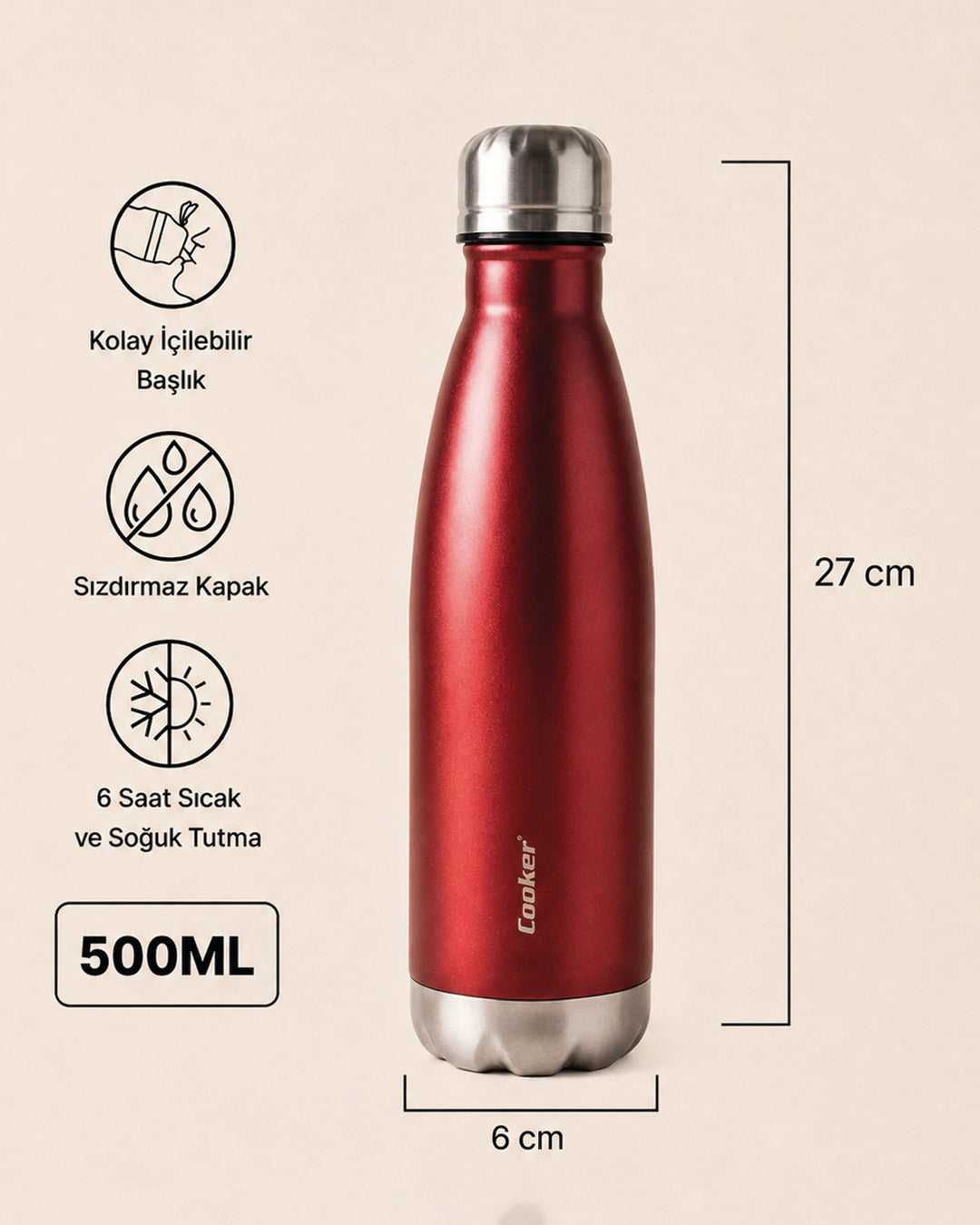 500 ml Paslanmaz Çelik Şişe Termos Kırmızı Miev