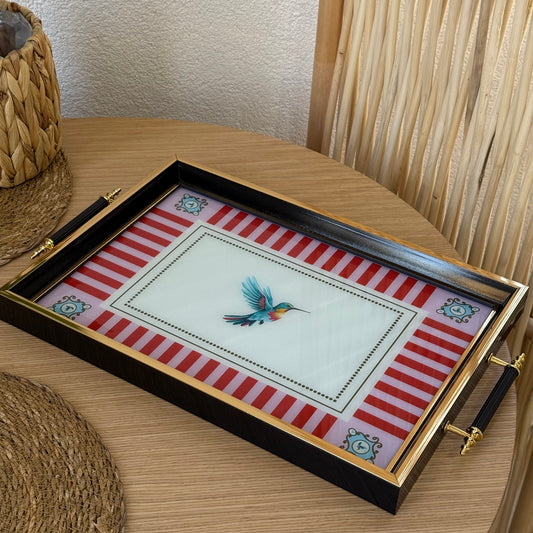 Pashally Bird Desenli Kulplu Tepsi Pembe-Kırmızı KOD:1000