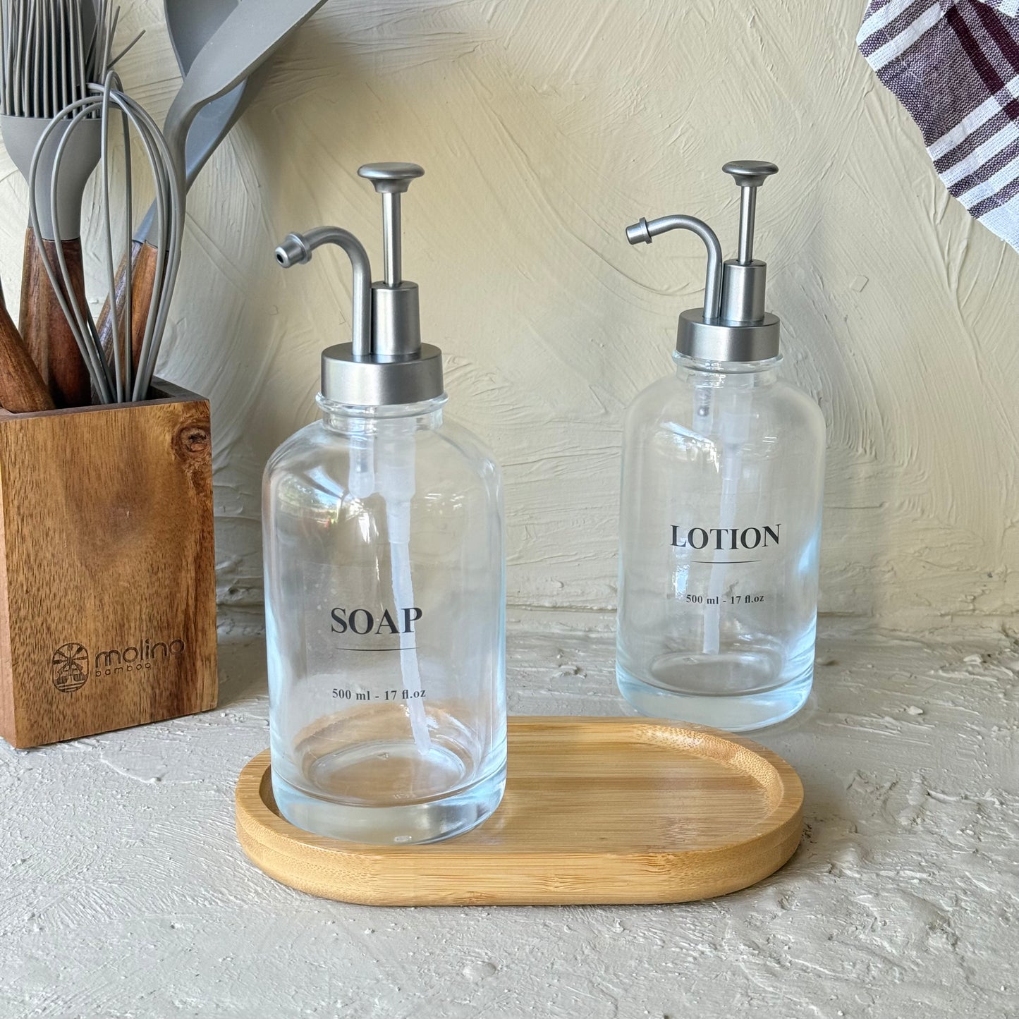 Arow Angel Model Yuvarlak Bambu Oval Standlı İkili Sıvı Sabunluk Seti Gri KOD:1016