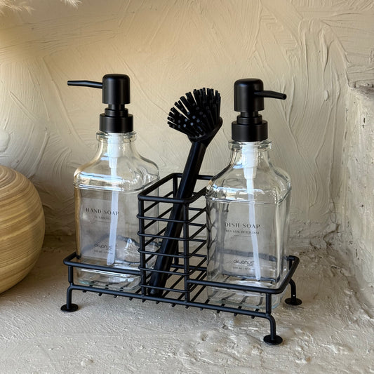 Okyanus Fırçalı Kare İkili Cam Sabunluk Seti Metal Standlı Siyah