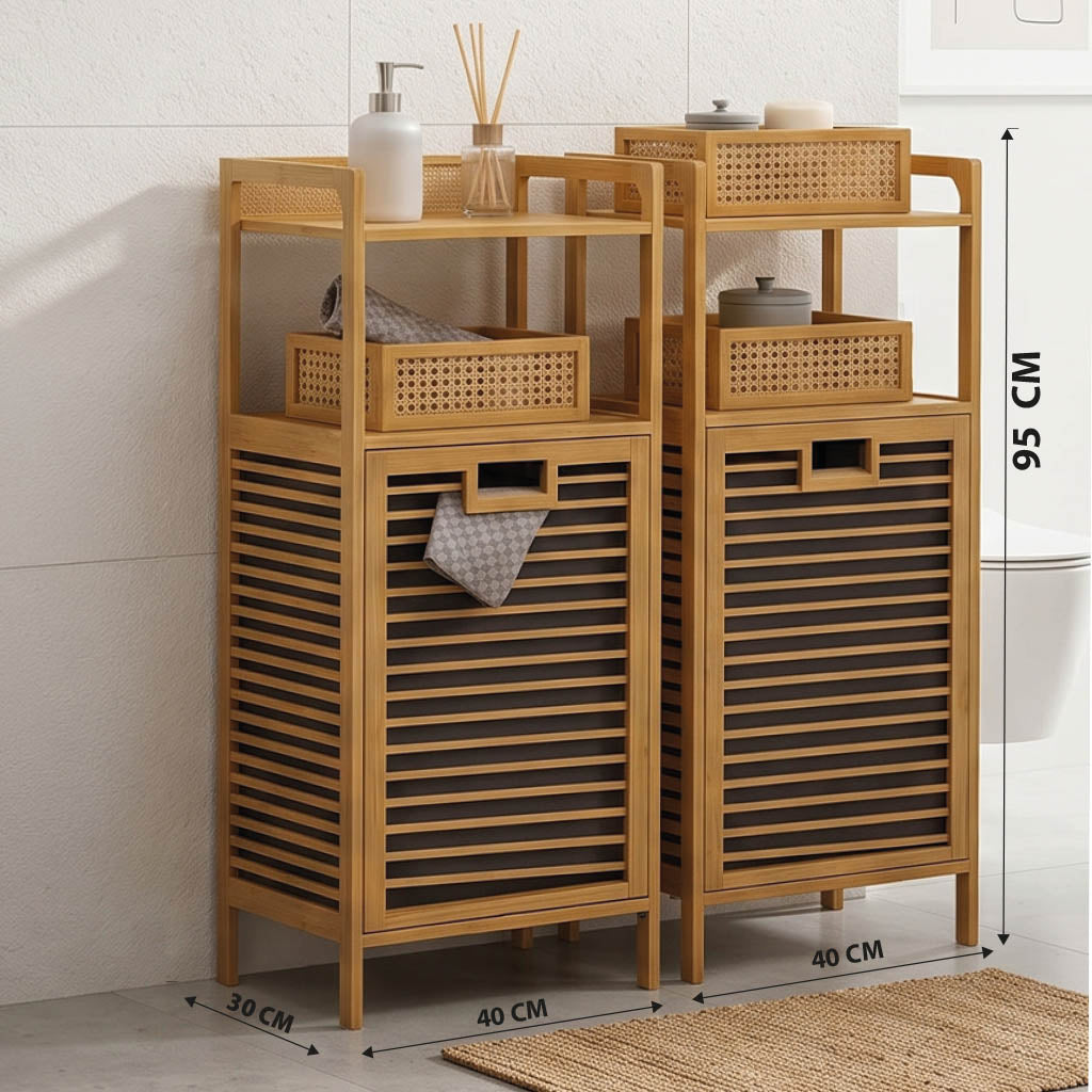2 Adet Eva  Medusa Bambu Kirli Çamaşır Sepeti 2 Katlı Raf Banyo Dolabı 95x40x30 cm