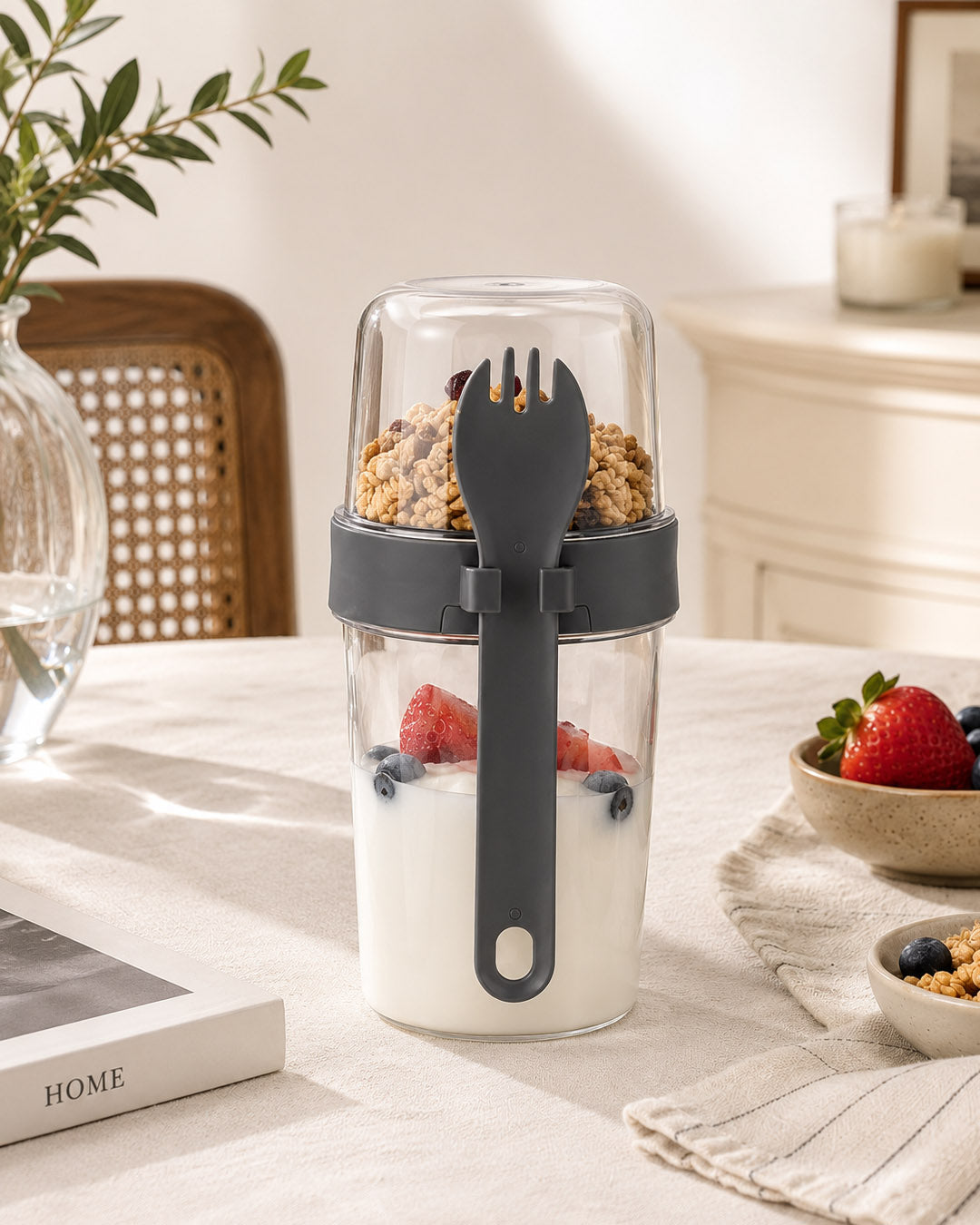 Çift Hazneli Kaşıklı Yoğurt, Yulaf ve Müsli Kabı 800 ml – Antrasit 104