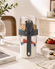 Çift Hazneli Kaşıklı Yoğurt, Yulaf ve Müsli Kabı 800 ml – Antrasit 104