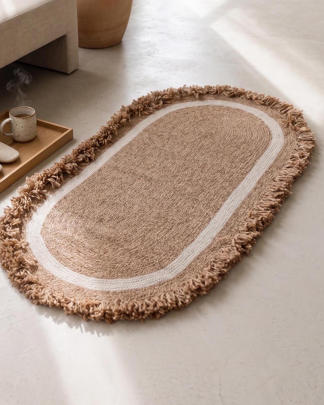 Tuuli Natural Halka Desenli El Dokuma Jüt Oval Halı – Premium Dekoratif Tasarım Kahve-Krem 80x150
