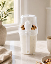 Çift Hazneli Kaşıklı Yoğurt, Yulaf ve Müsli Kabı 800 ml – Beyaz