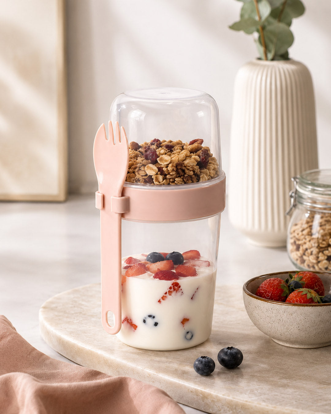 Çift Hazneli Kaşıklı Yoğurt, Yulaf ve Müsli Kabı 800 ml – Pembe