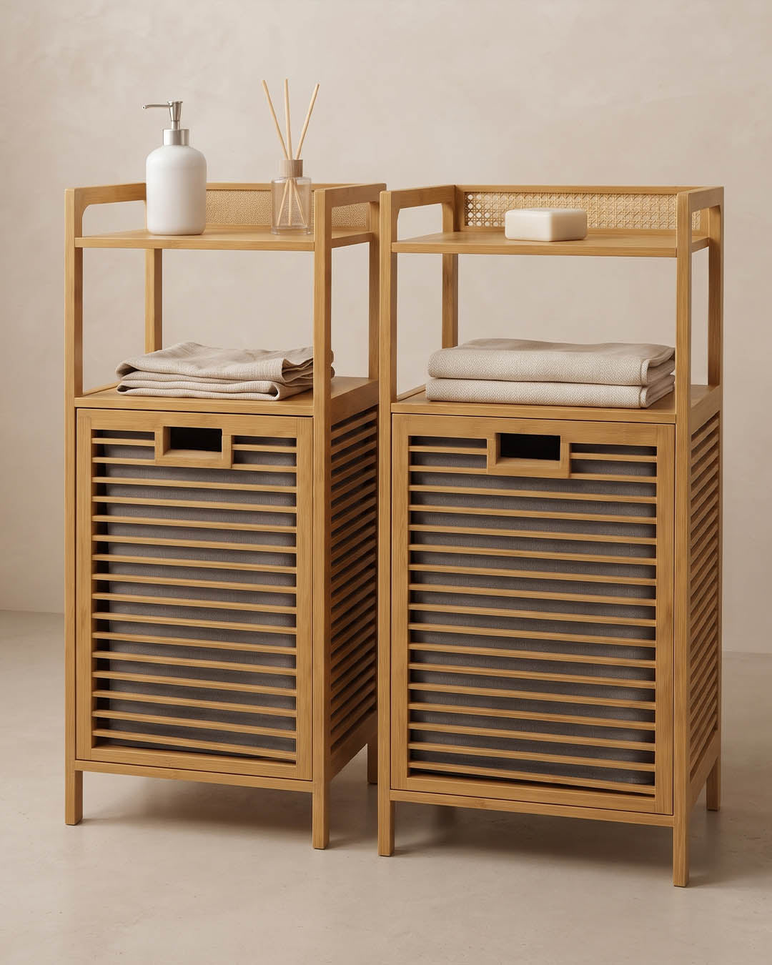 2 Adet Eva  Medusa Bambu Kirli Çamaşır Sepeti 2 Katlı Raf Banyo Dolabı 95x40x30 cm