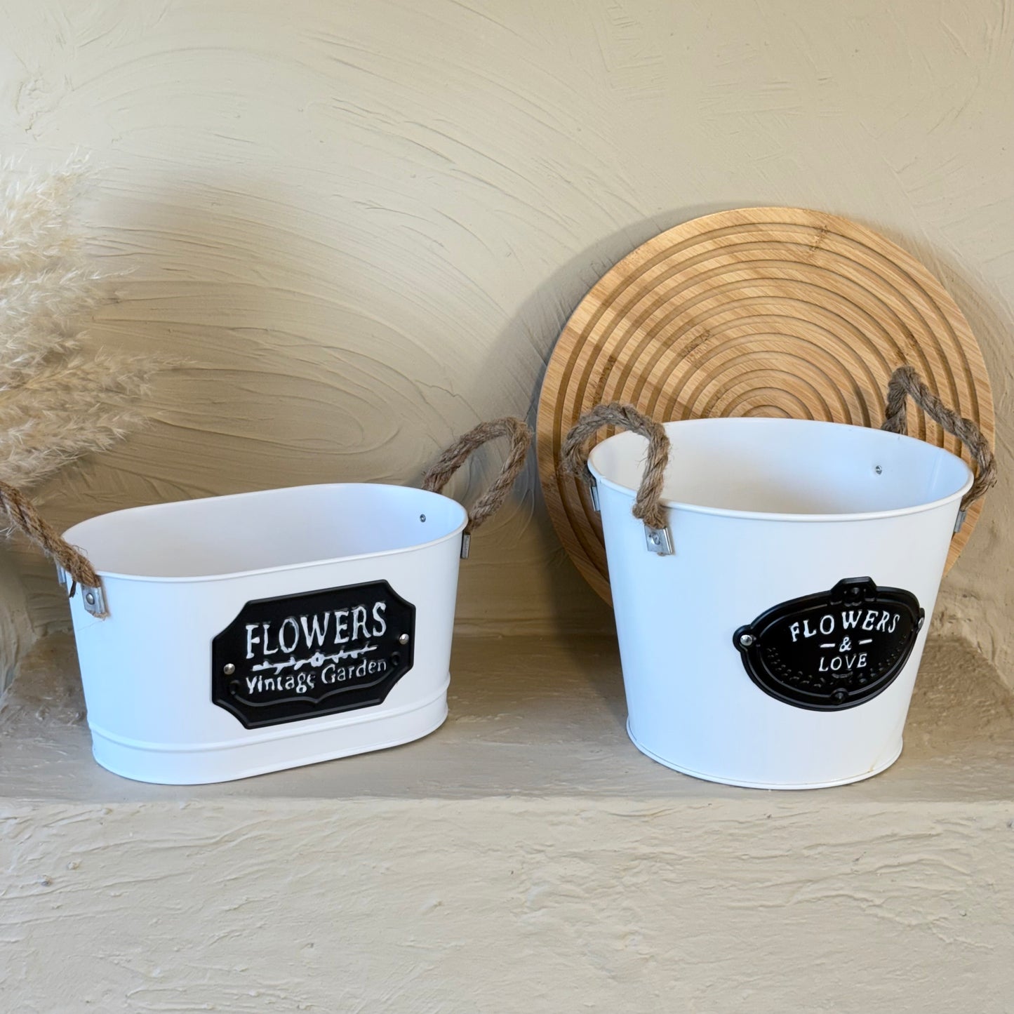 Tutku Halat Kulplu Metal İki Boy Vintage Saksı Beyaz KOD:3455-54