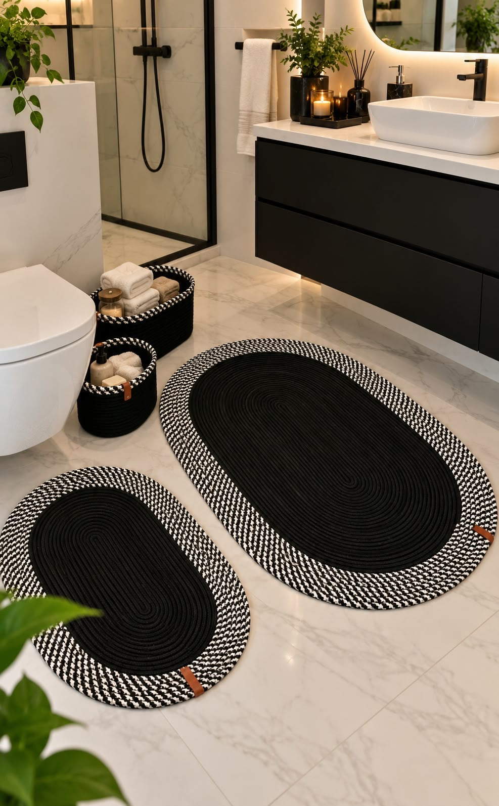 Lüks Örme Halat 4’ lü Banyo Paspas Seti ve Organizer Sepet