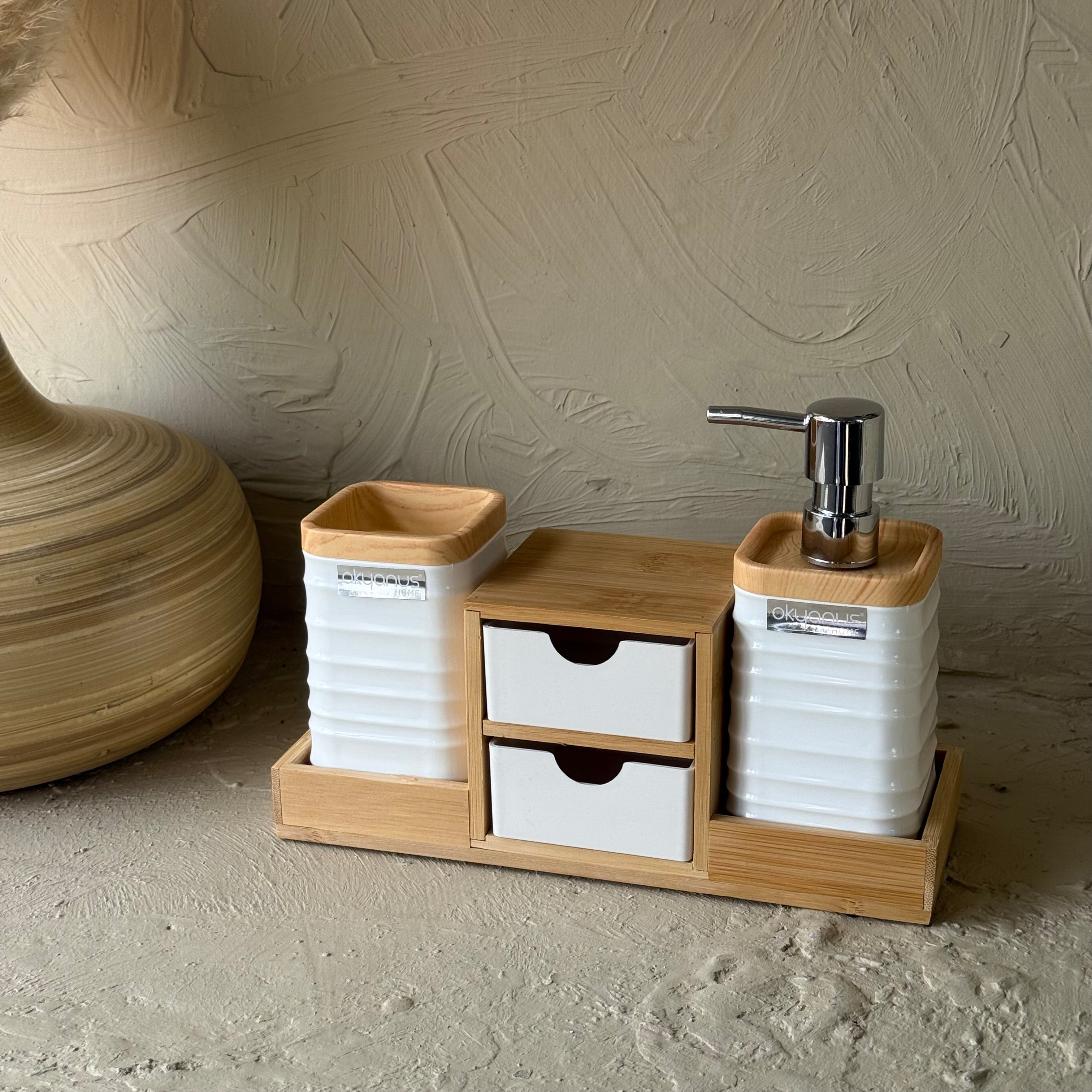 Okyanus 5 Parça Bambu Standlı Banyo Seti Beyaz
