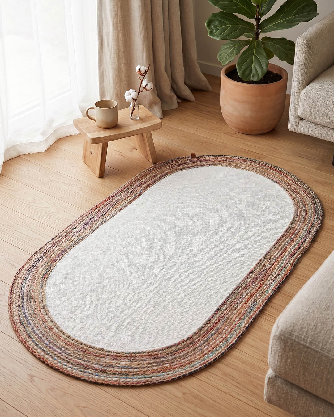 Arven Jüt ve Peluş Oval Halı - Doğal ve Lüks Dokunuş (80x150cm)Renkli