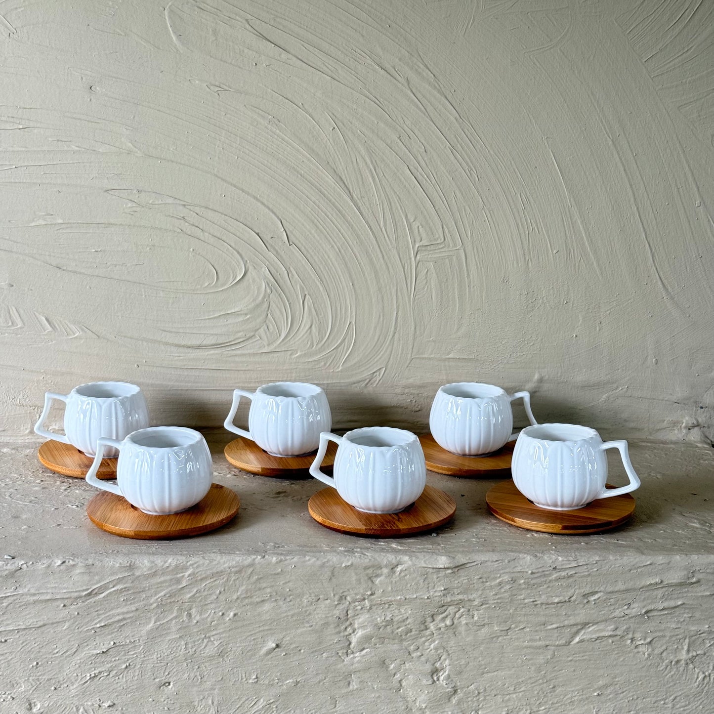 KRD Bambu Altlık Porselen Kahve Fincan Takımı Seti Tombul Model 6 Kişilik