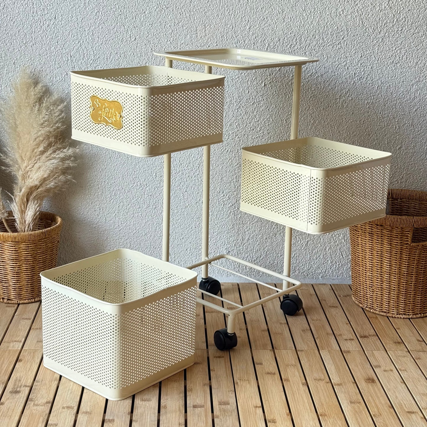 Evanev 3 Katlı Açılır Kapanır Tekerlikli Kare Ferforje Sebzelik Krem KOD:1058K