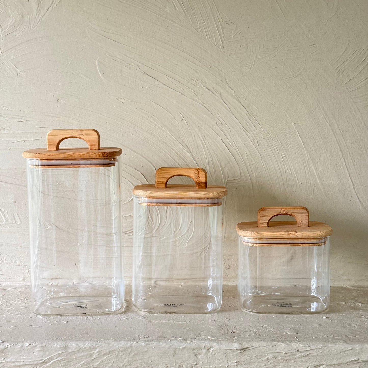 Buenos Dikdörtgen Model Akasya Ağacı Kapaklı 3 Boy Erzak Kavanoz Seti