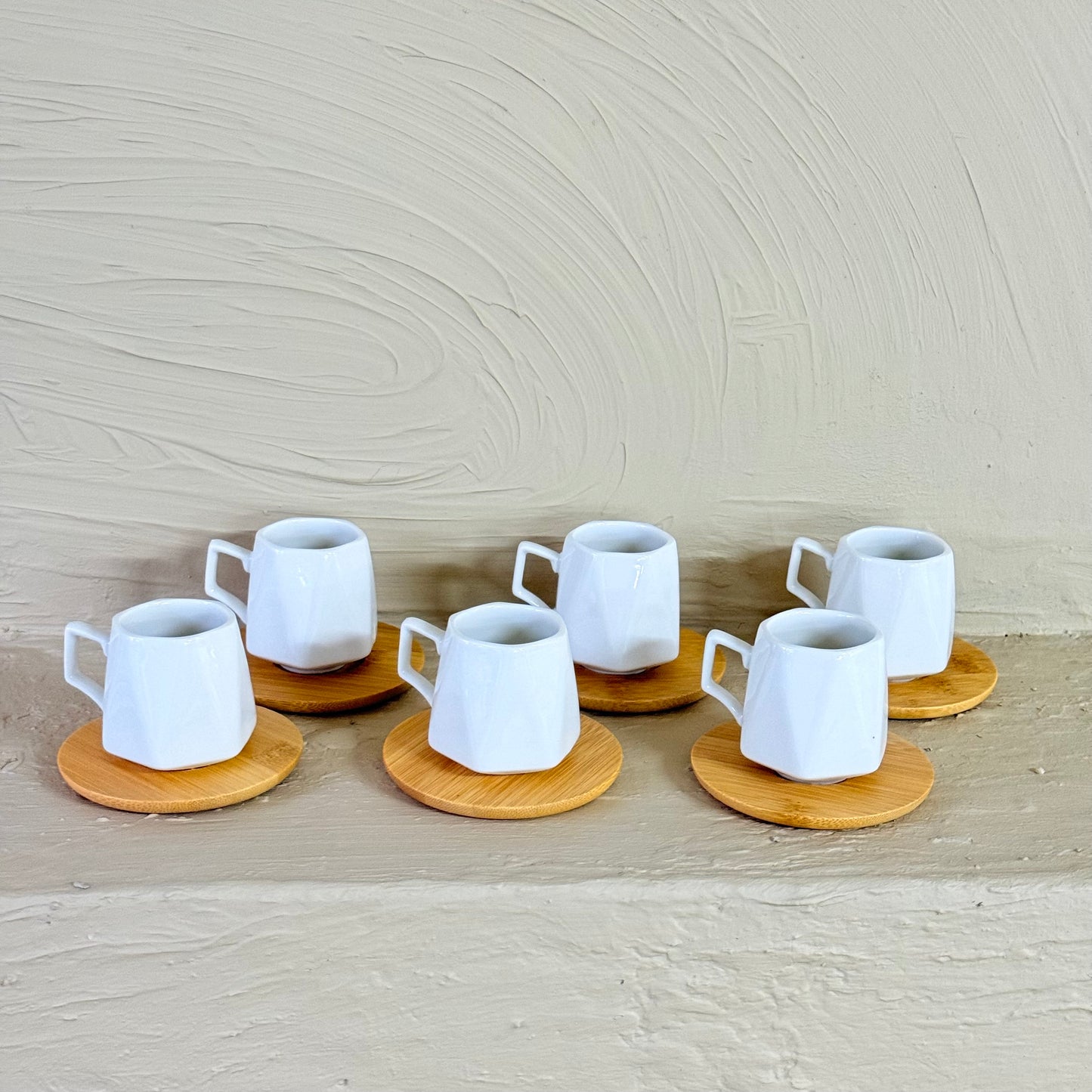 KRD Bambu Altlık Porselen Kahve Fincan Takımı Seti Prizma Model 6 Kişilik