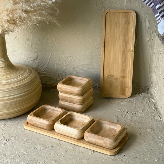 1 ALANA 1 BEDAVA Miev Bambu Standlı 3'Lü Kare Çerezlik Sosluk Seti KOD.398