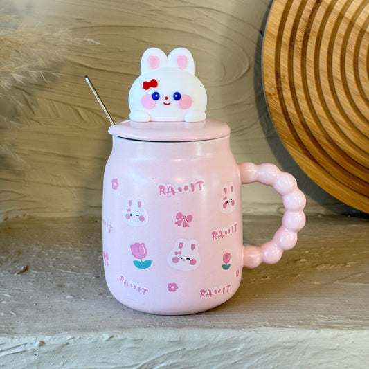 Tutku Rabbit Kapaklı Porselen Kupa Pembe