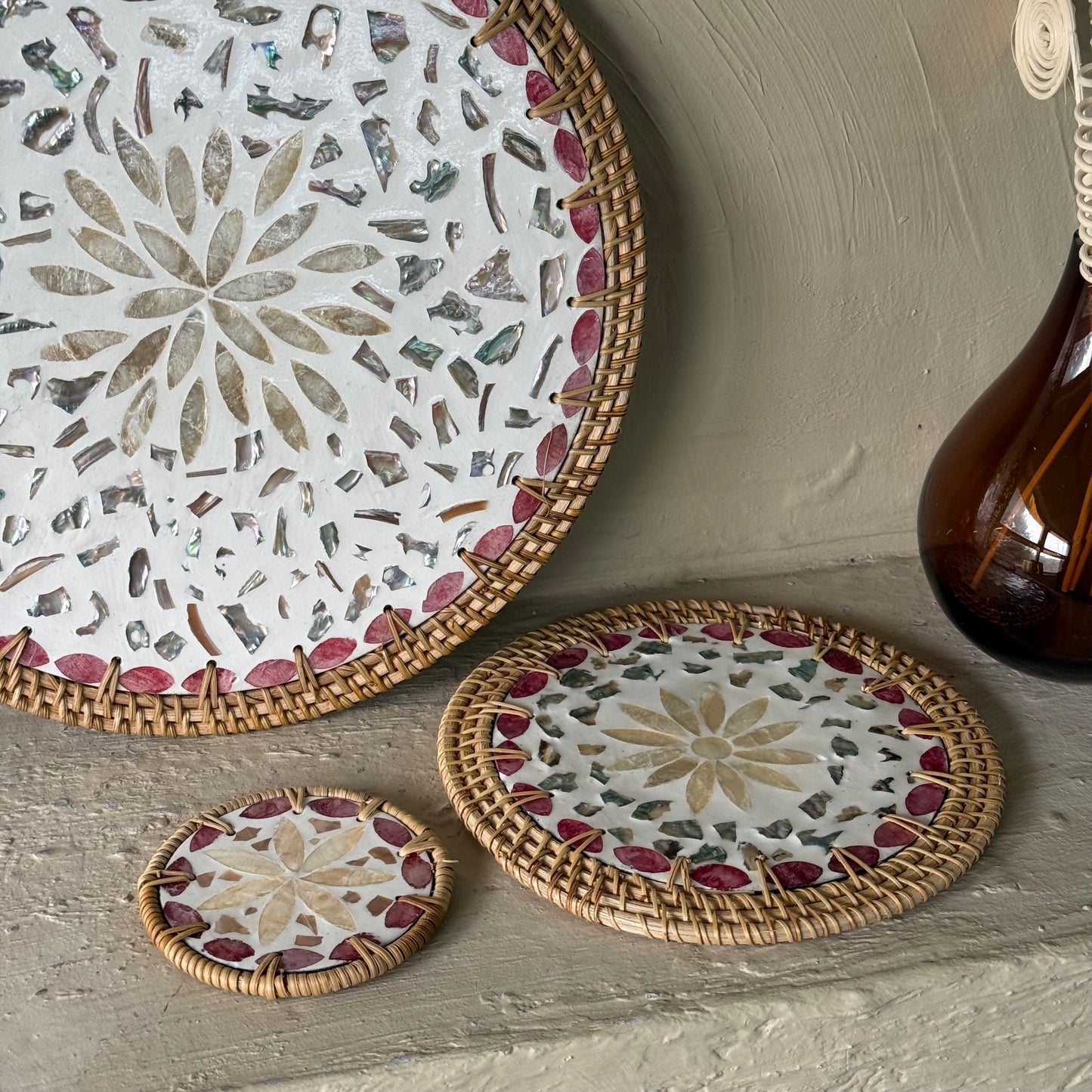 Saverlly Sedef Servis Set Krem-Pembe Çicek Model 3 Parça KOD:3432-35-38
