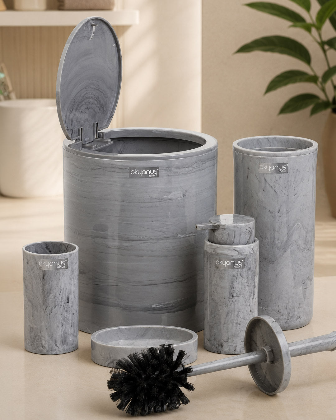 Yuvarlak Mermer Desenli 5'li Banyo Seti 513