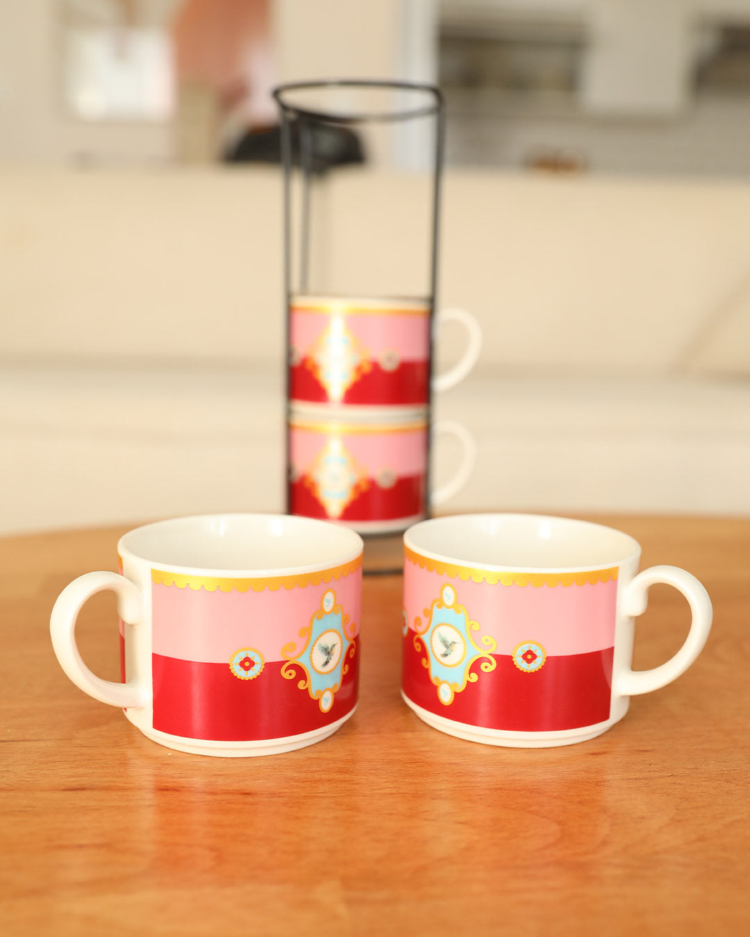 Pashally Metal Standlı Porselen 4 Lü Nescafe Kupa Seti Kırmızı