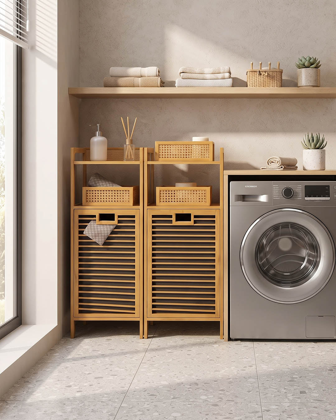 2 Adet Eva  Medusa Bambu Kirli Çamaşır Sepeti 2 Katlı Raf Banyo Dolabı 95x40x30 cm