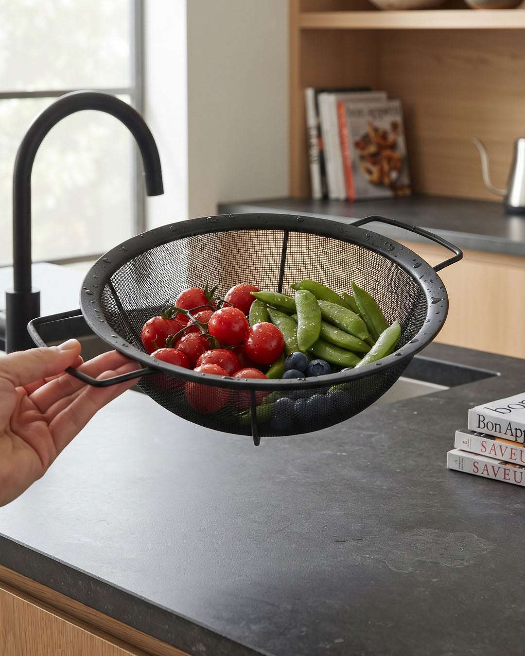 Paslanmaz Çelik Kulplu Tel Süzgeç - Siyah (25 cm) Vd9362