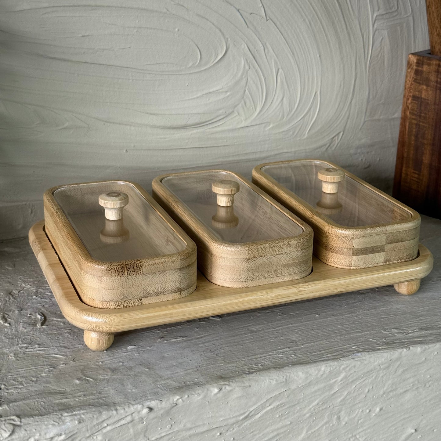 Bambu Tepsili Dikdörtgen Kapaklı 3 Lü Çerezlik Kahvaltılık Seti KOD:41216