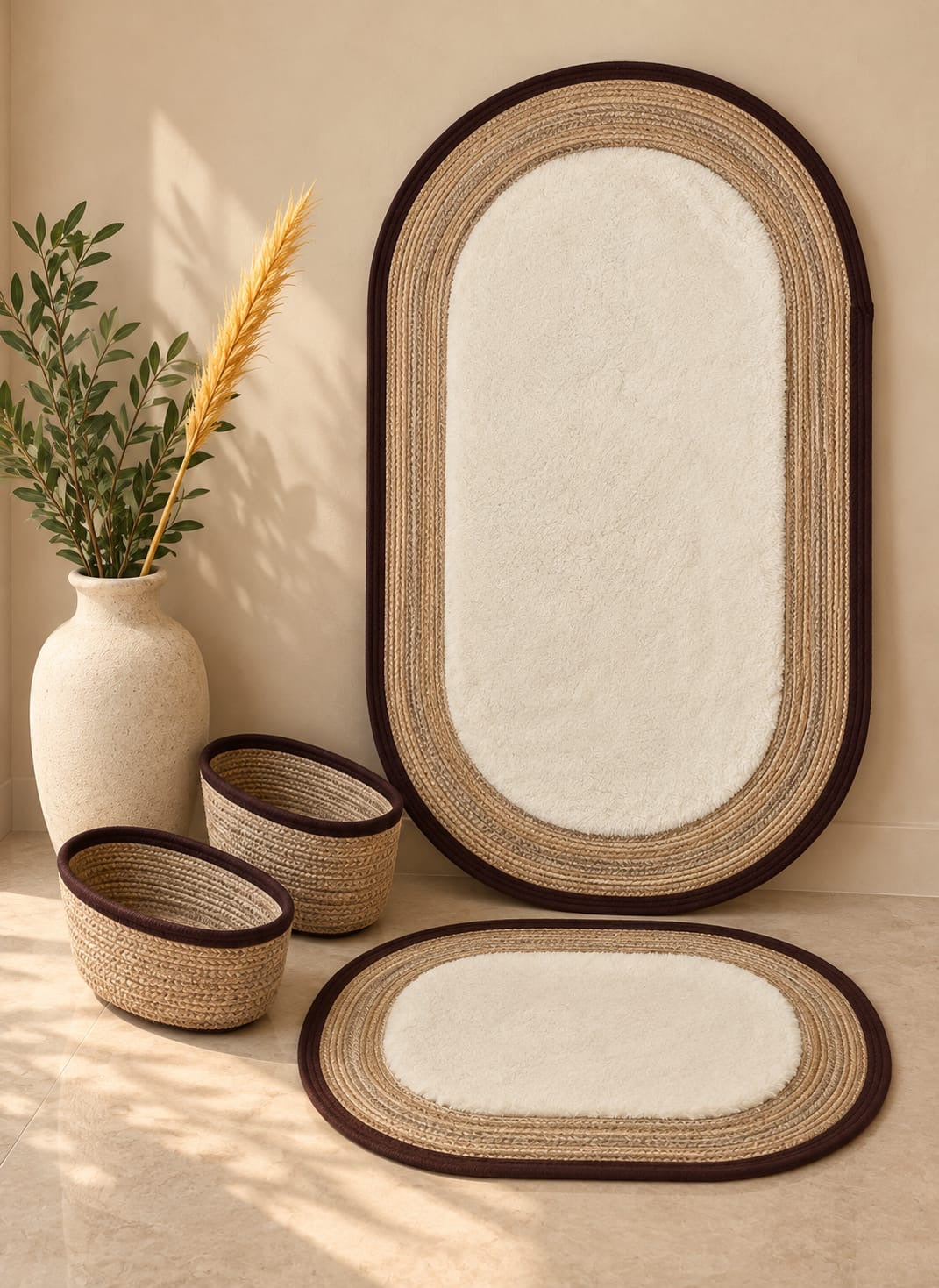 LuxeOval Kahve-Krem Peluş Banyo Paspas ve Hasır Organizer 4’lü Seti | Modern & Skandinav Tasarım