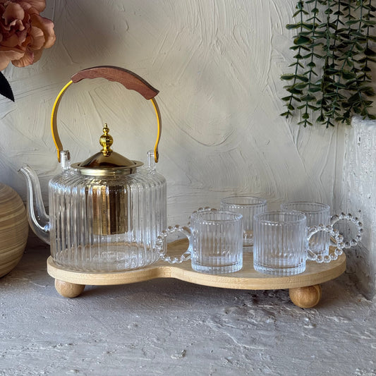 Üsküdar Bambu Standlı Borosilikat Cam Çay Kahve Seti 6 Parça